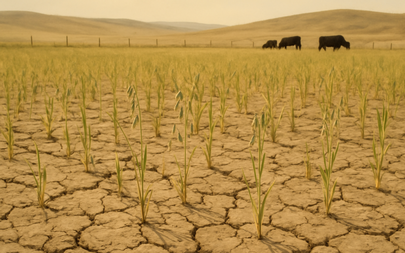 A thin, drought-stunted cereal forage field on a Montana ranch with black cattle grazing along the fence line under a hazy summer sky.