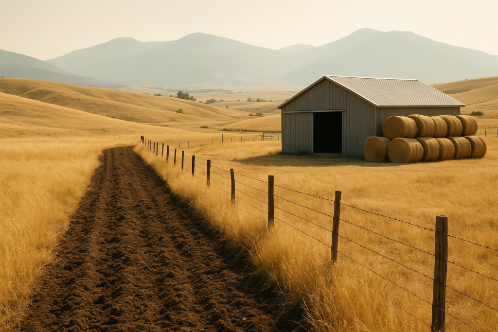 A disked firebreak strip along a fence line separating dry summer grass from a ranch shop and stacked hay bales in Montana