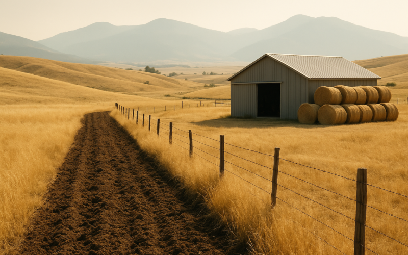 A disked firebreak strip along a fence line separating dry summer grass from a ranch shop and stacked hay bales in Montana