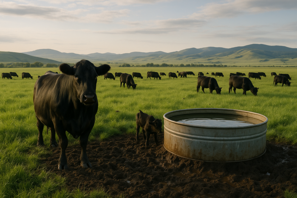 Black cattle on green Montana pasture near a stock tank surrounded by churned wet mud in early summer