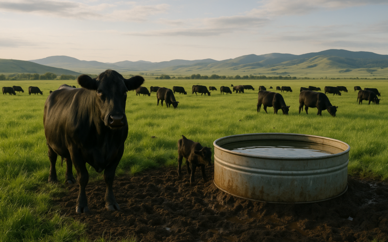 Black cattle on green Montana pasture near a stock tank surrounded by churned wet mud in early summer