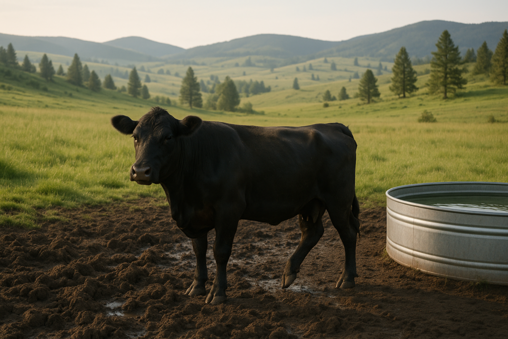 An Angus cow favoring a hind foot near a muddy stock tank on green Montana summer pasture