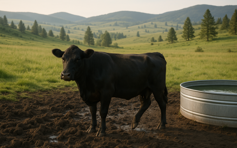 An Angus cow favoring a hind foot near a muddy stock tank on green Montana summer pasture