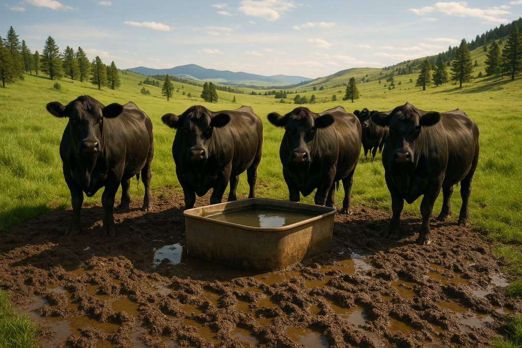 Black cattle gathered around a muddy stock tank on a Montana summer pasture with foothills behind them.