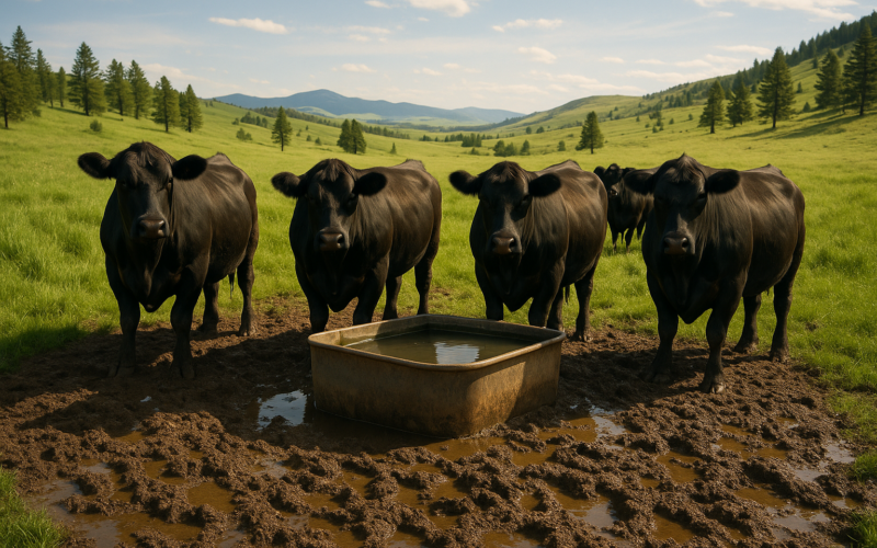 Black cattle gathered around a muddy stock tank on a Montana summer pasture with foothills behind them.
