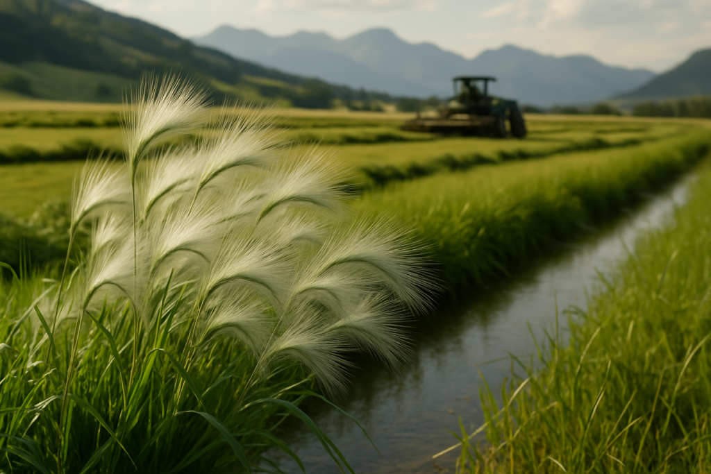 Silvery foxtail barley seedheads with long awns growing along the wet edge of a Montana hay meadow in June light