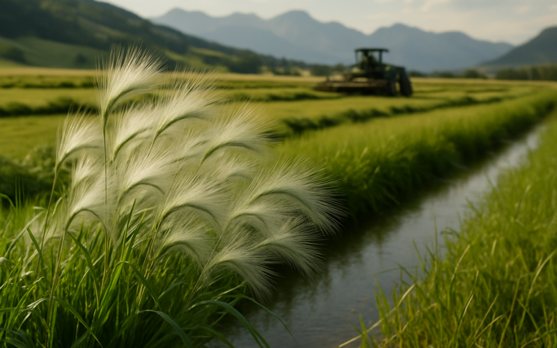 Silvery foxtail barley seedheads with long awns growing along the wet edge of a Montana hay meadow in June light