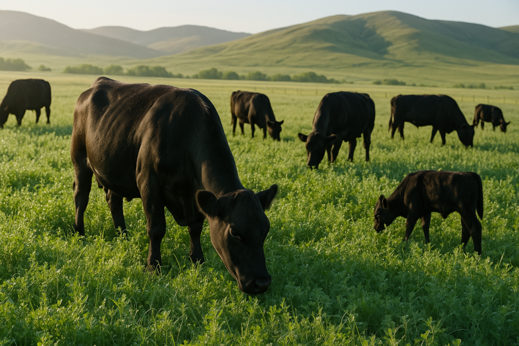 Black cattle grazing a lush green legume pasture on a dewy early-summer morning with Montana foothills behind