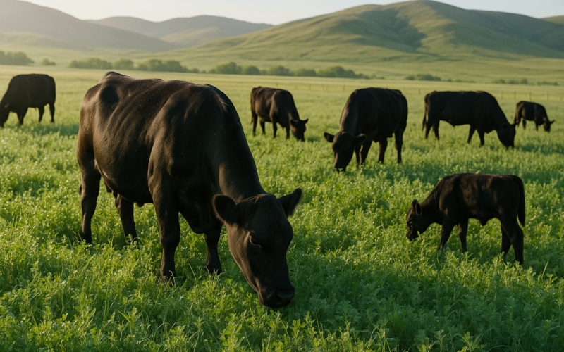 Black cattle grazing a lush green legume pasture on a dewy early-summer morning with Montana foothills behind