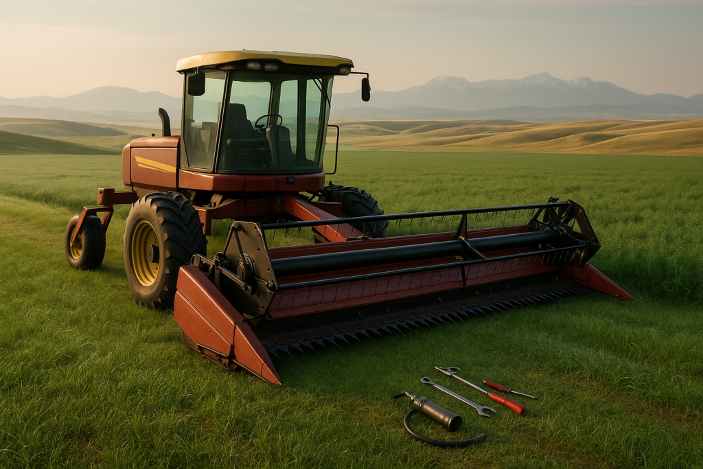 A swather parked at the edge of a Montana alfalfa field in early summer morning light, ready for first cutting