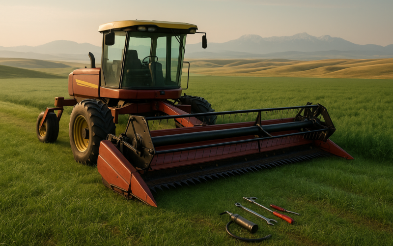 A swather parked at the edge of a Montana alfalfa field in early summer morning light, ready for first cutting