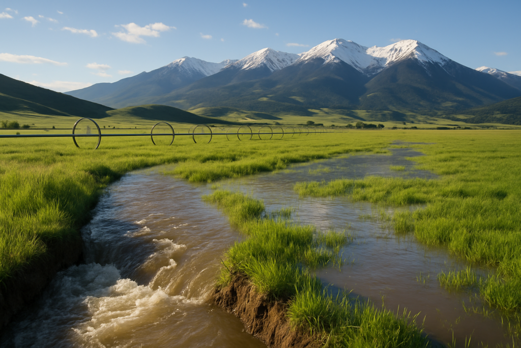 An open head gate spilling water into a green Montana hay meadow with wheel-line sprinklers and snow-capped mountains in the distance