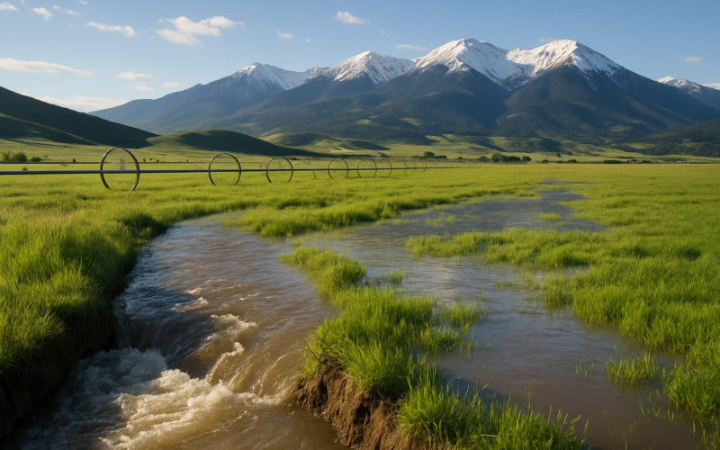 An open head gate spilling water into a green Montana hay meadow with wheel-line sprinklers and snow-capped mountains in the distance