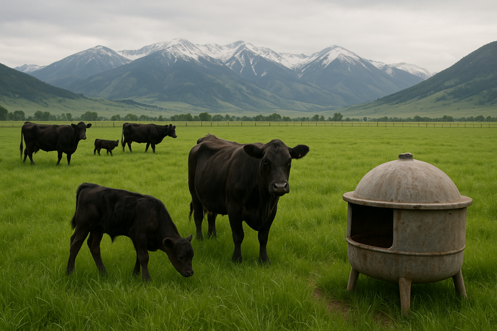 Black cows and calves grazing lush green early-summer pasture in a Montana valley with a mineral feeder in the foreground and mountains in the distance