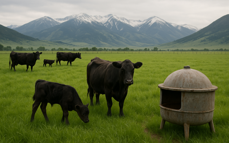 Black cows and calves grazing lush green early-summer pasture in a Montana valley with a mineral feeder in the foreground and mountains in the distance
