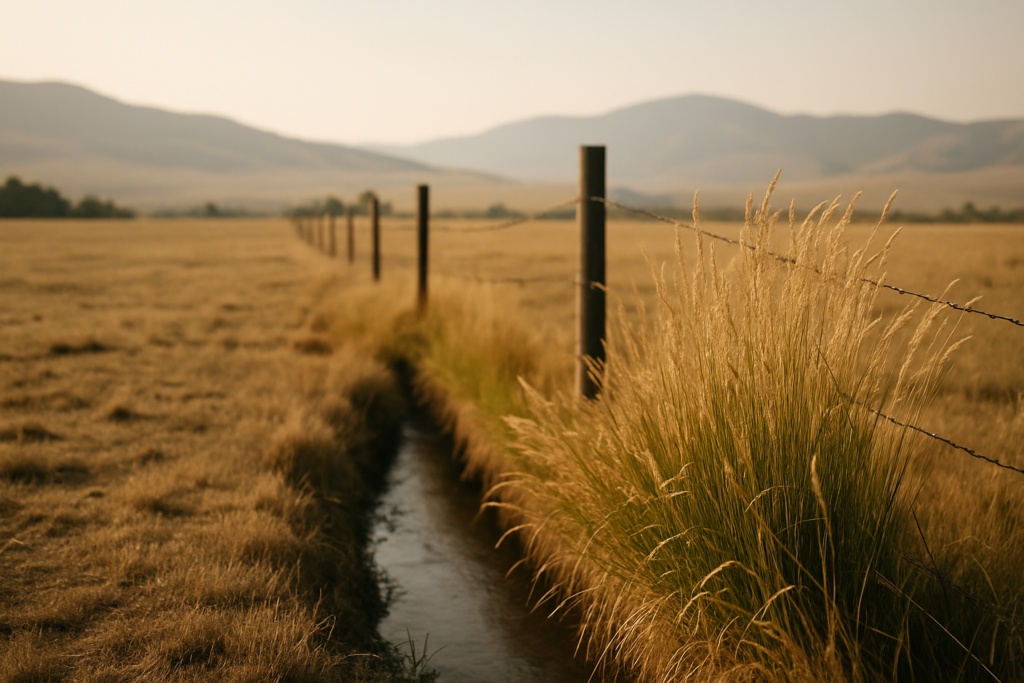 A Montana pasture fence line and ditch bank with thick grass in June, dry rangeland and foothills in the background