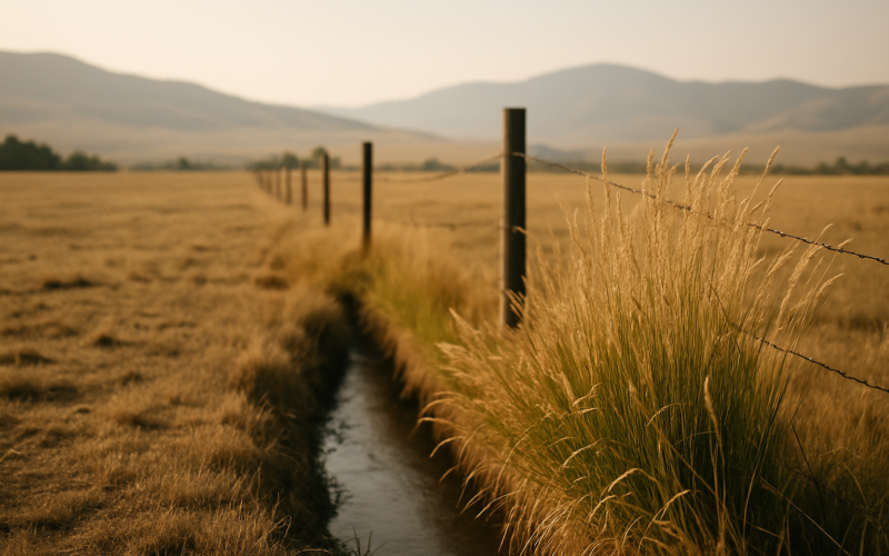 A Montana pasture fence line and ditch bank with thick grass in June, dry rangeland and foothills in the background