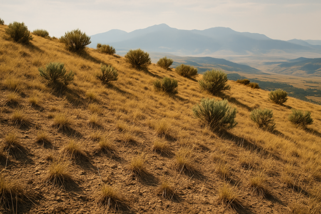 A dry, thinly grassed Montana rangeland ridge under a hazy June sky, the kind of warm south-facing slope where grasshoppers hatch