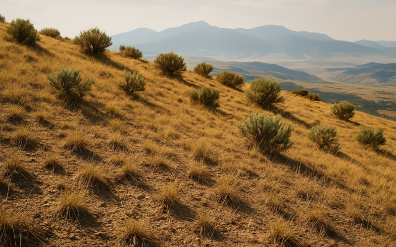A dry, thinly grassed Montana rangeland ridge under a hazy June sky, the kind of warm south-facing slope where grasshoppers hatch