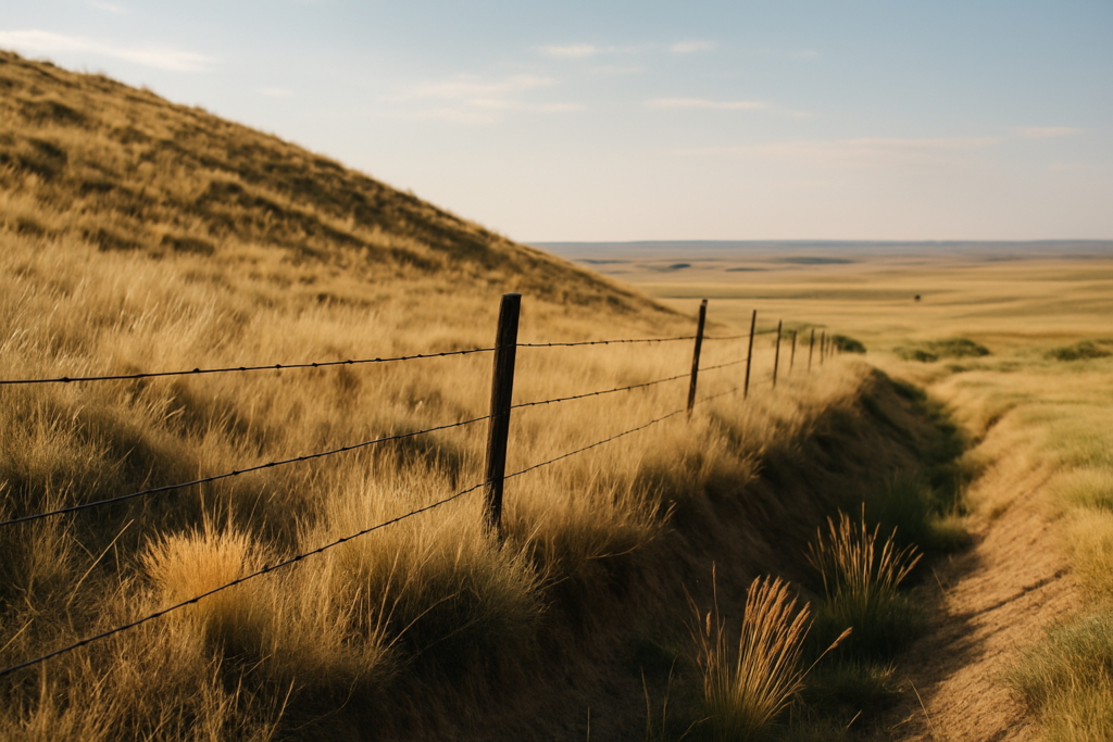A sunlit dry south-facing rangeland slope with bunchgrass and a barbed wire fenceline in early summer Montana, typical grasshopper hatching ground