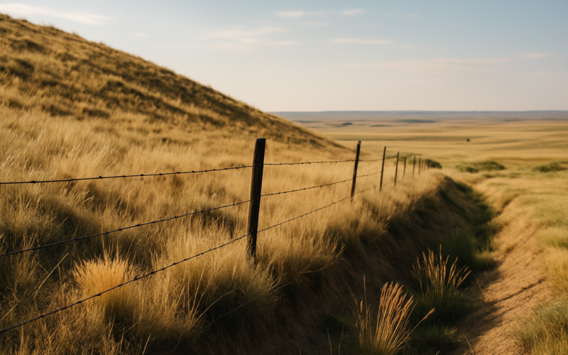 A sunlit dry south-facing rangeland slope with bunchgrass and a barbed wire fenceline in early summer Montana, typical grasshopper hatching ground