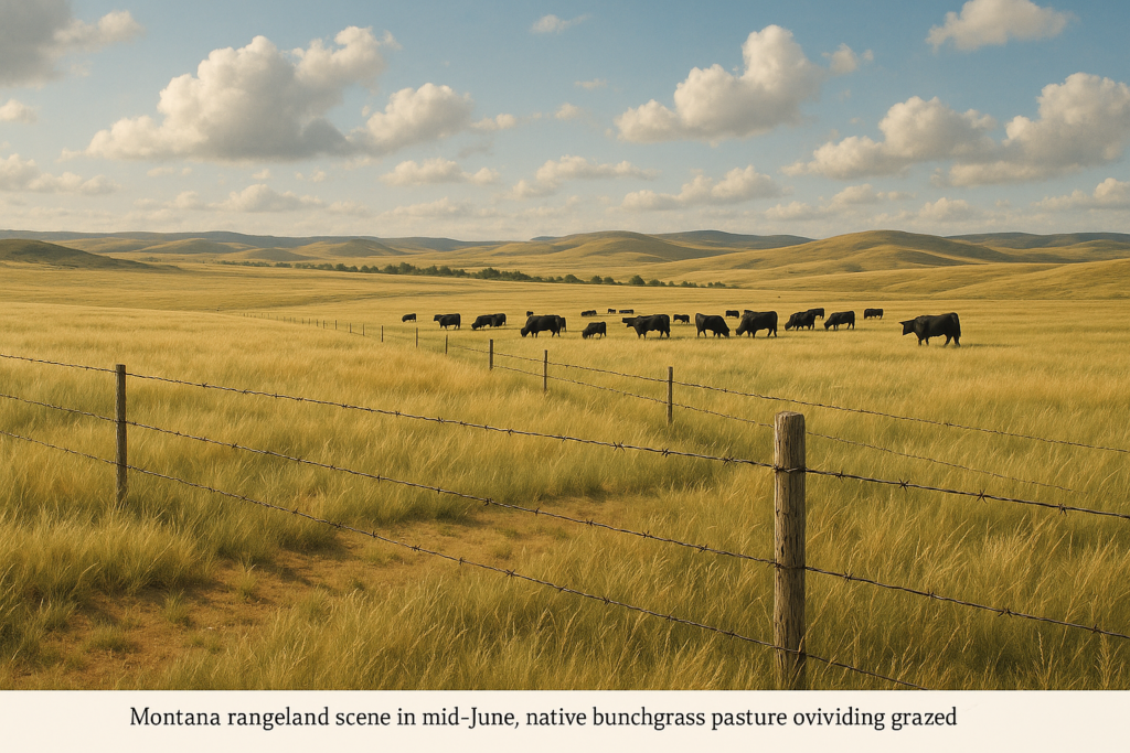 Montana native rangeland split by a barbed wire fence, with cattle grazing on rolling prairie under a summer sky