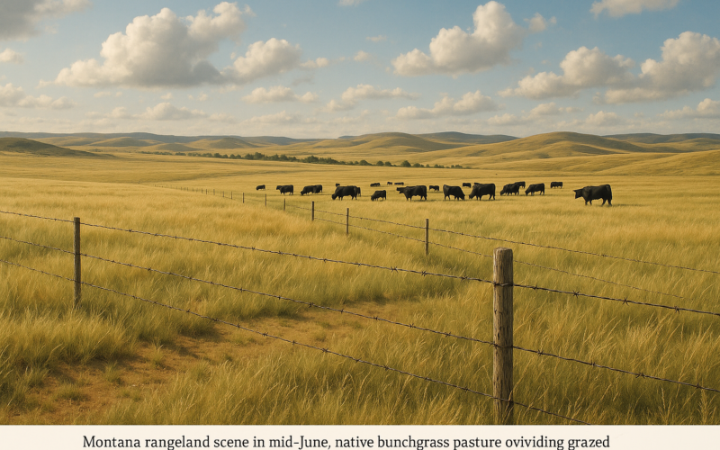 Montana native rangeland split by a barbed wire fence, with cattle grazing on rolling prairie under a summer sky