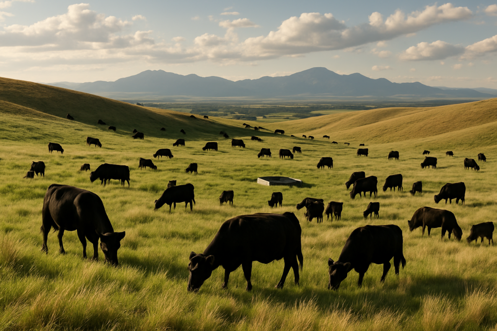 Cattle grazing spread across a green-and-tan Montana foothill rangeland with a stock tank and distant mountains in June