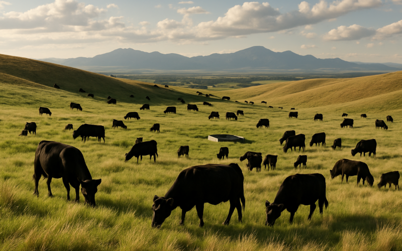 Cattle grazing spread across a green-and-tan Montana foothill rangeland with a stock tank and distant mountains in June