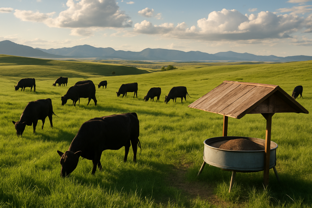 Black cattle grazing green summer range near a covered mineral feeder and stock tank with Montana mountains in the distance