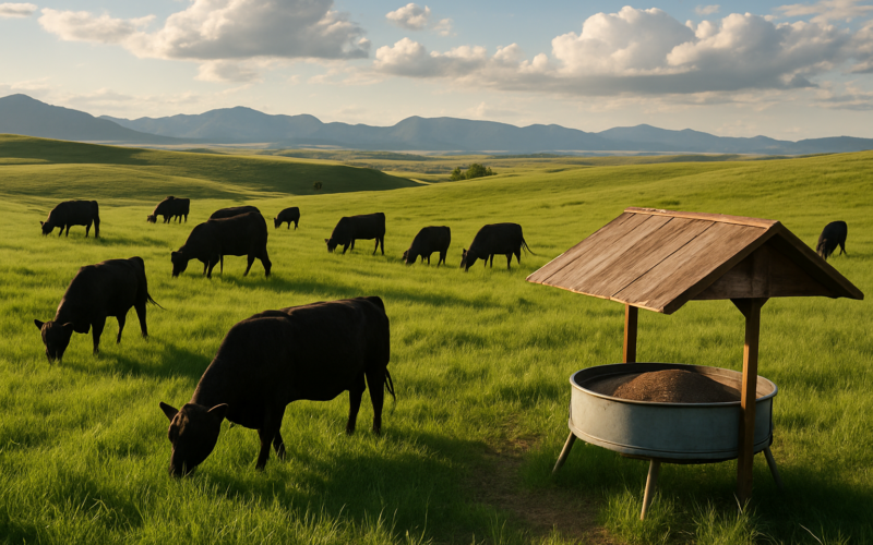 Black cattle grazing green summer range near a covered mineral feeder and stock tank with Montana mountains in the distance