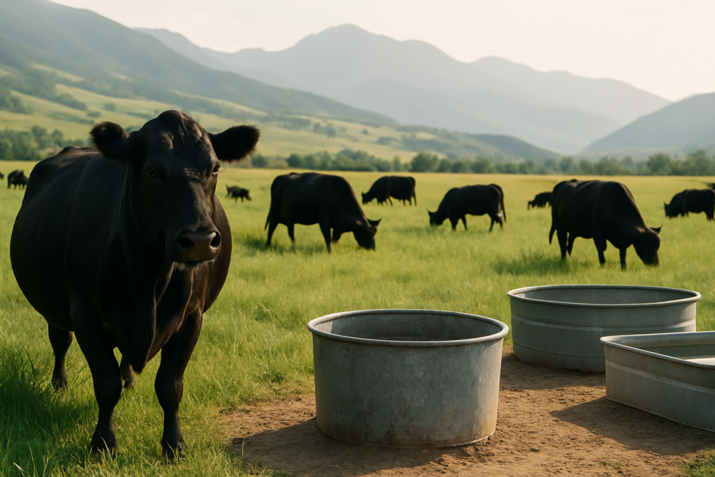 Black cattle grazing green Montana summer pasture with a mineral feeder tub set near a stock tank and foothills in the distance