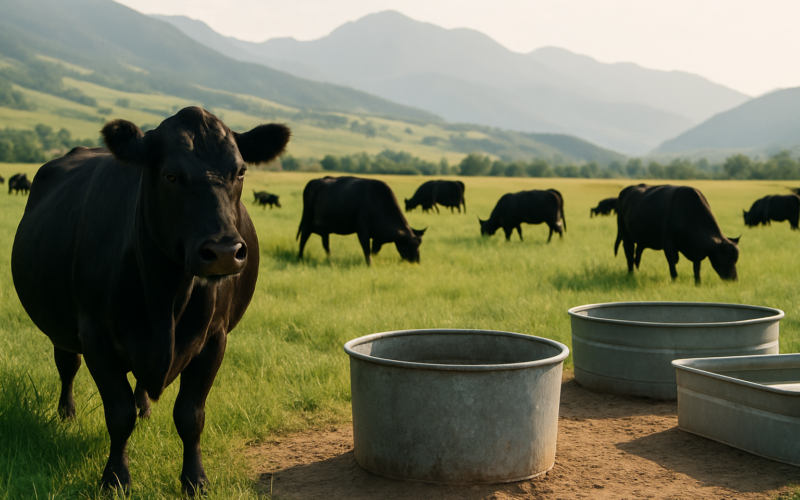 Black cattle grazing green Montana summer pasture with a mineral feeder tub set near a stock tank and foothills in the distance