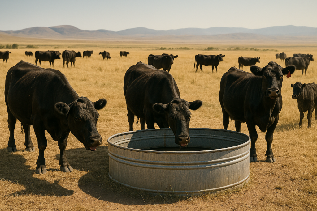 Black cattle bunched around a stock tank on open Montana range in the heat of a summer afternoon