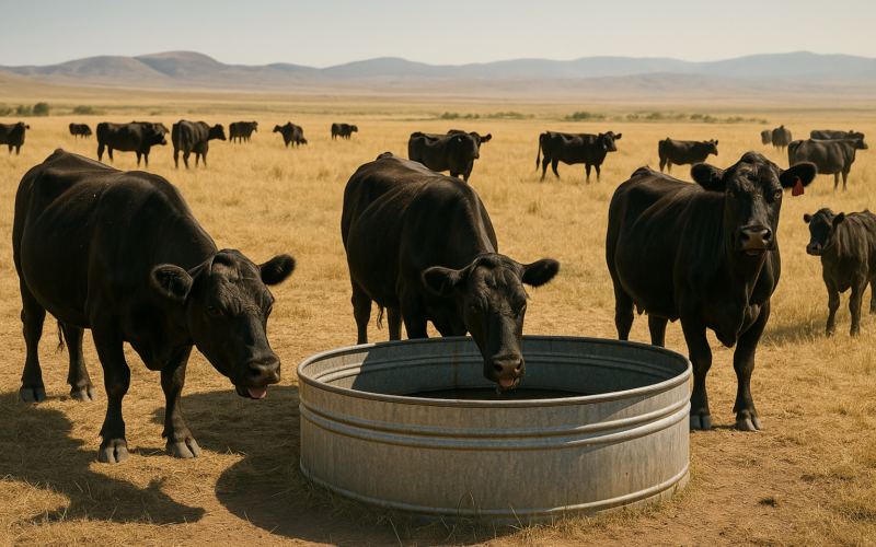 Black cattle bunched around a stock tank on open Montana range in the heat of a summer afternoon