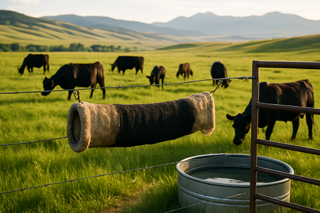 Black cattle grazing a green Montana summer pasture near a back-rubber hung across a gate by a stock tank, mountains in the distance