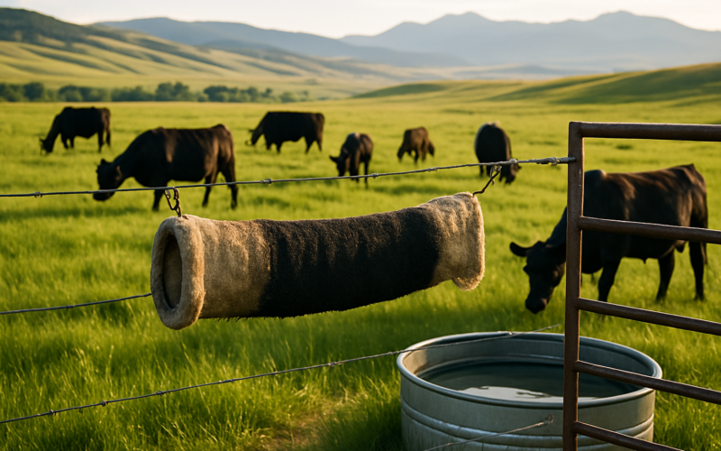Black cattle grazing a green Montana summer pasture near a back-rubber hung across a gate by a stock tank, mountains in the distance