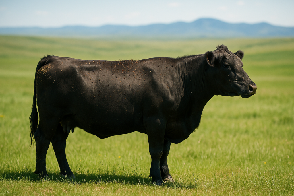 A black cow on Montana summer pasture with flies clustered along her back and shoulders, grassland and distant mountains behind her