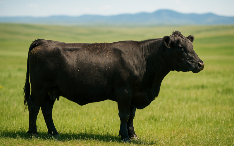 A black cow on Montana summer pasture with flies clustered along her back and shoulders, grassland and distant mountains behind her