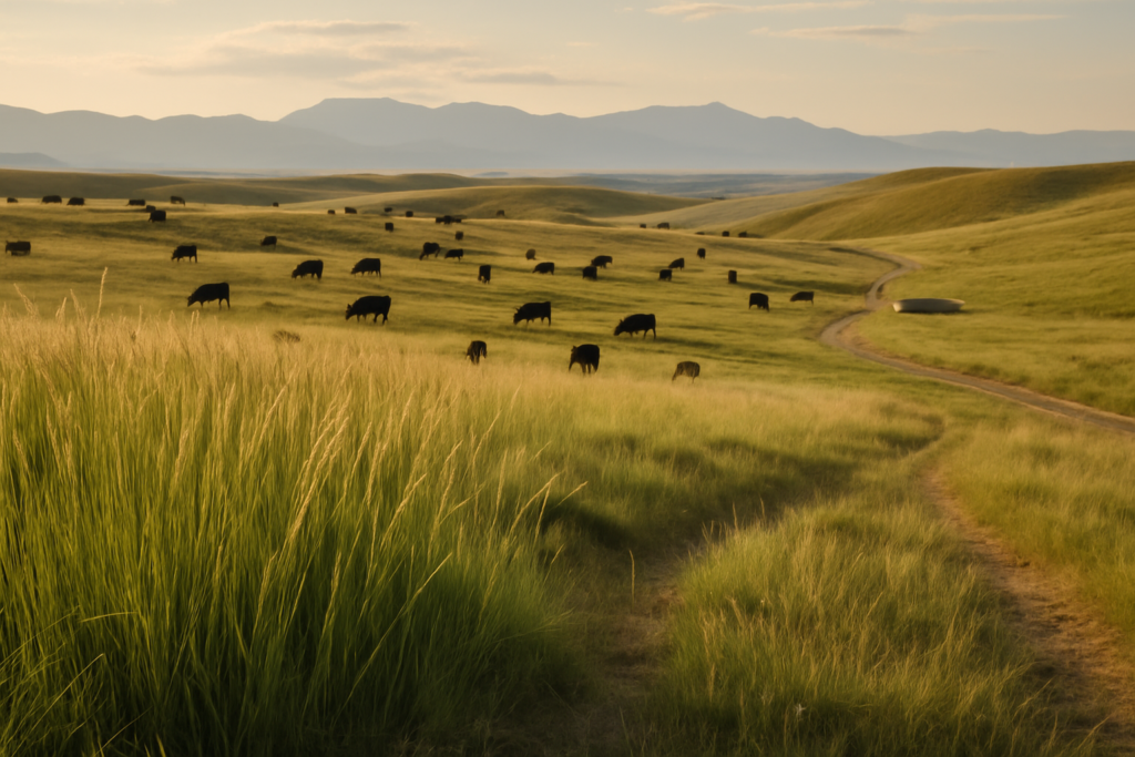 Black cattle grazing across green rolling Montana foothills of tall bunchgrass in early summer with distant mountains