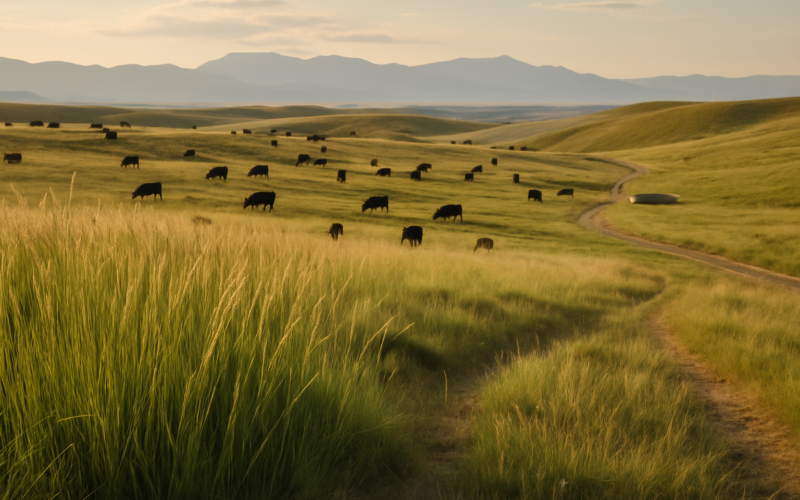 Black cattle grazing across green rolling Montana foothills of tall bunchgrass in early summer with distant mountains