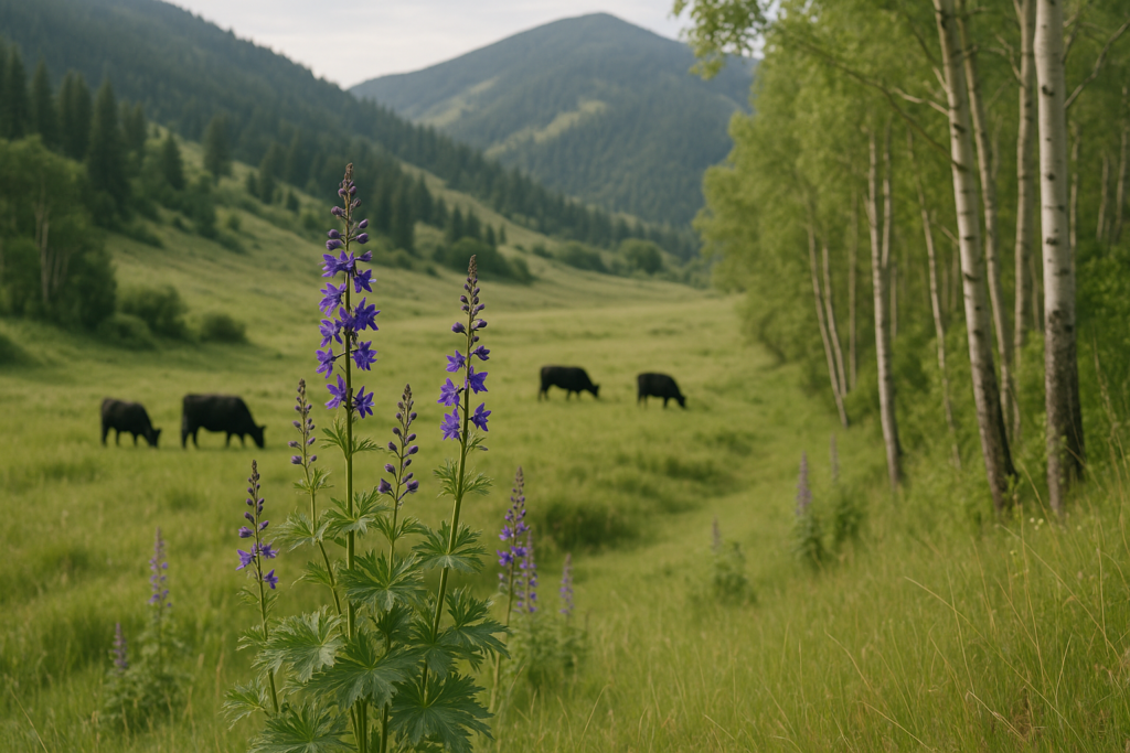 Green tall larkspur with purple flower spikes growing on a Montana foothill slope with black cattle grazing in the background near timber