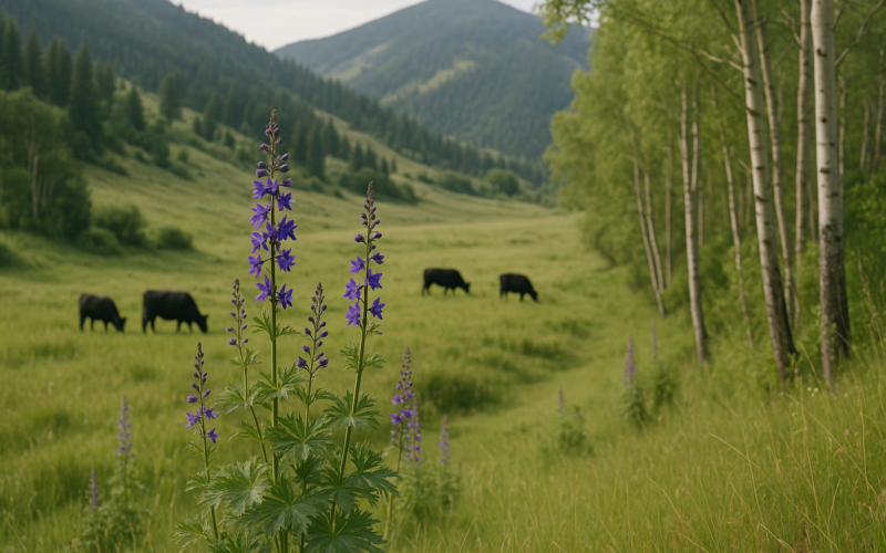 Green tall larkspur with purple flower spikes growing on a Montana foothill slope with black cattle grazing in the background near timber