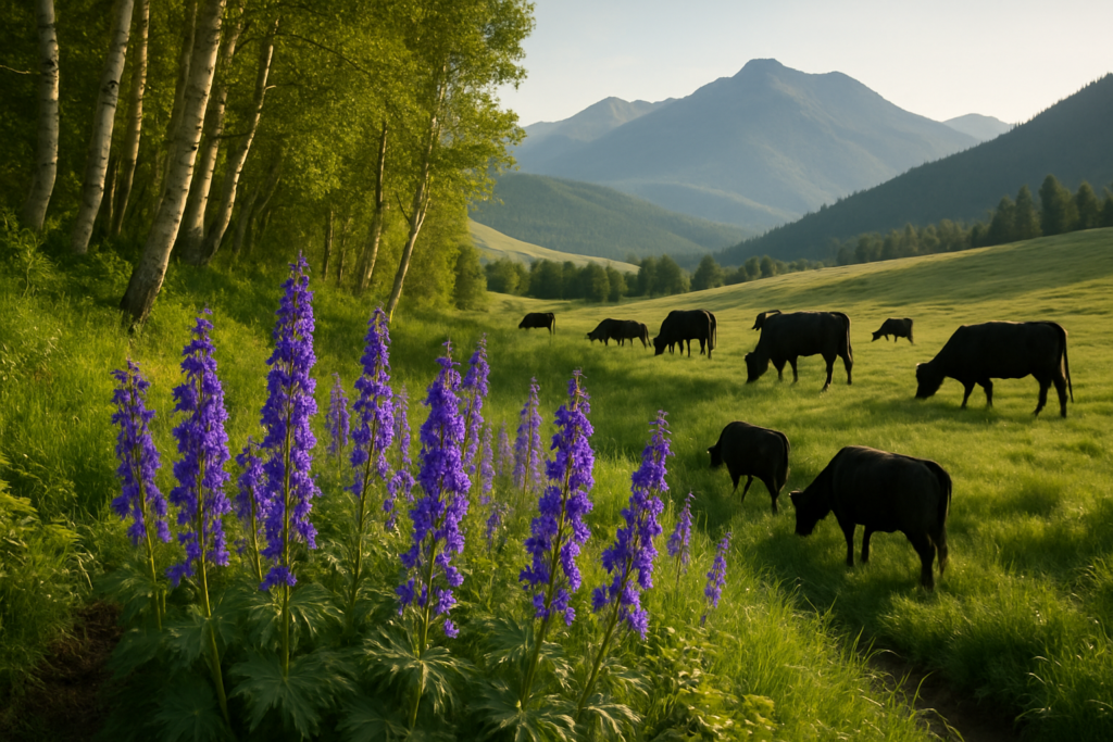 Tall blue-purple larkspur growing in a damp mountain draw with cattle grazing beyond on a Montana summer range
