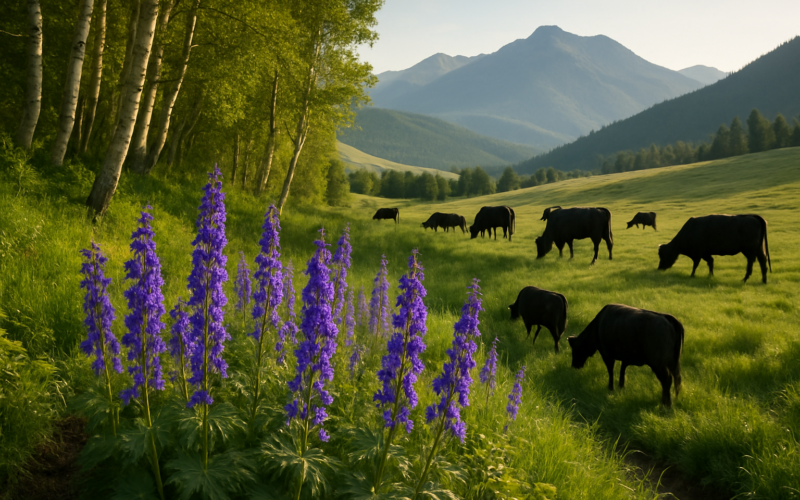 Tall blue-purple larkspur growing in a damp mountain draw with cattle grazing beyond on a Montana summer range