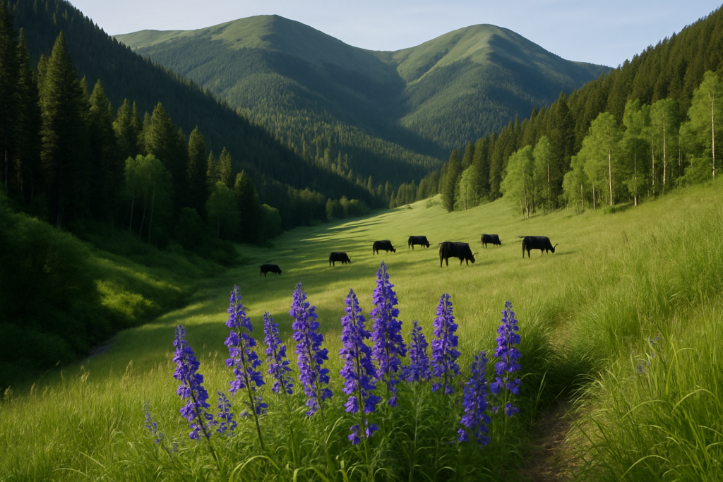 Purple larkspur blooming along a mountain draw with black cattle grazing on a green Montana foothill slope in early summer