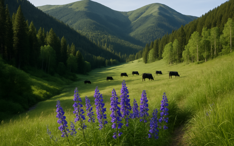 Purple larkspur blooming along a mountain draw with black cattle grazing on a green Montana foothill slope in early summer