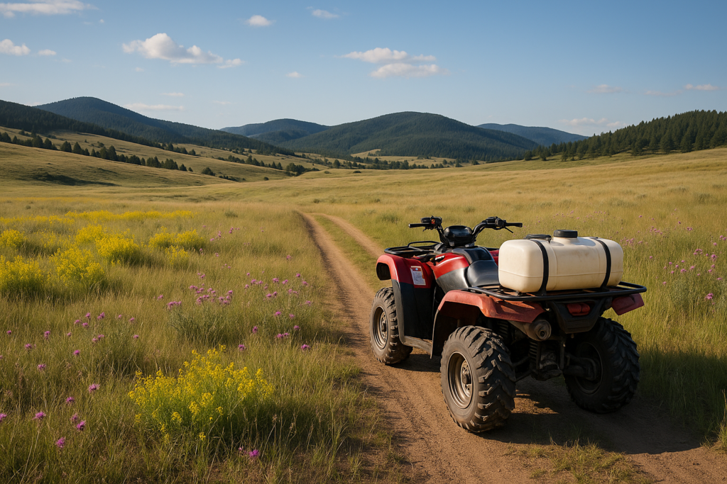 Montana foothill pasture with leafy spurge and spotted knapweed and an ATV sprayer on a ranch road