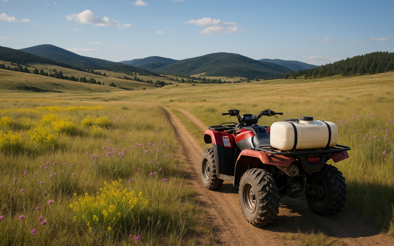 Montana foothill pasture with leafy spurge and spotted knapweed and an ATV sprayer on a ranch road