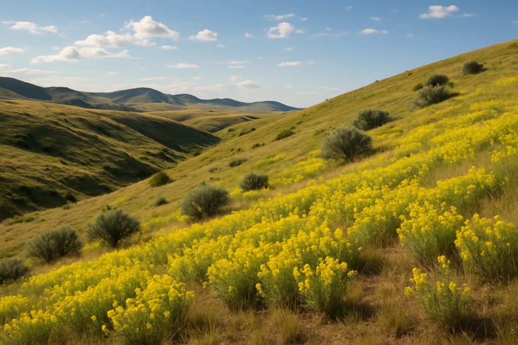 A Montana rangeland slope showing a spread of yellow-flowering leafy spurge among native grass and sagebrush in June